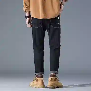 羽浅 潮牌棉弹百搭九分裤秋冬款时尚后袋刺绣小标识弹力耐磨裤休闲裤子潮流修身牛仔裤 男款