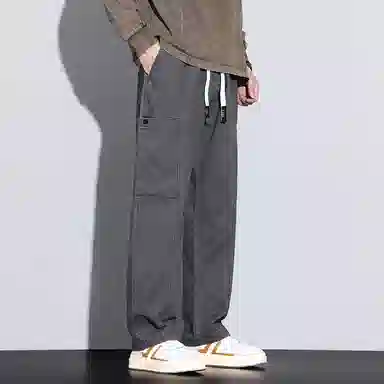 羽浅 纯棉休闲大口袋拼接简约纯色百搭透气美式宽松直筒痞帅工装裤 男款