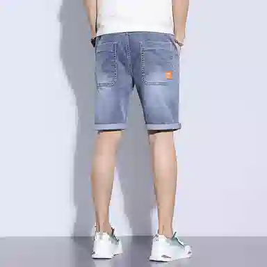 羽浅 纯色薄款宽松弹力柔软系带五分牛仔短裤 男款