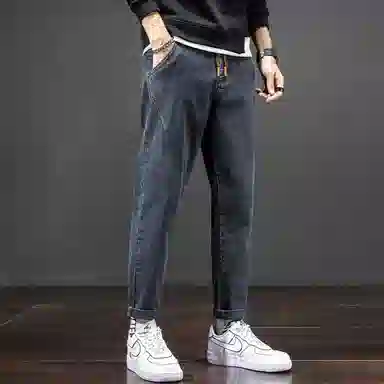 羽浅 港风微哈伦舒适透气时尚潮流简约百搭青少年学生弹力九分牛仔裤 男款
