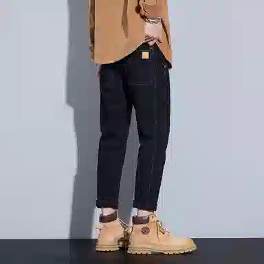 羽浅 潮牌弹力百搭九分裤秋冬款时尚后袋小皮标简约棉弹耐磨裤子潮流韩版修身牛仔裤 男款