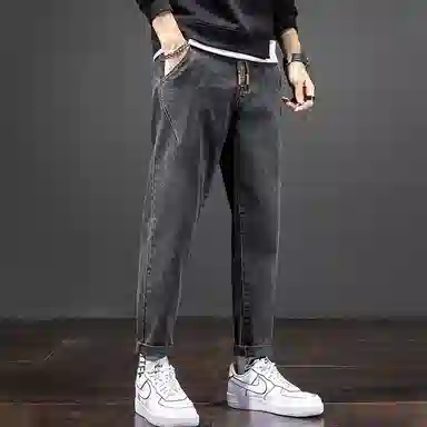 羽浅 港风微哈伦舒适透气时尚潮流简约百搭青少年学生弹力九分牛仔裤 男款