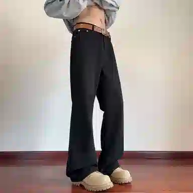 羽浅 纯色宽松时尚微喇垂感休闲百搭优雅直筒牛仔裤 男女同款 黑色