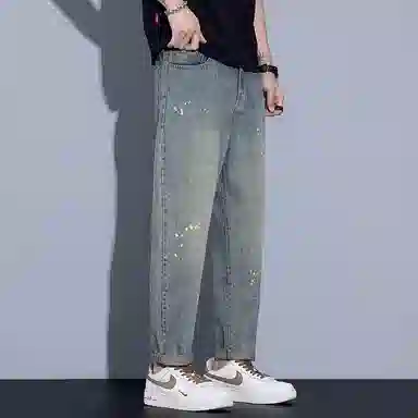 羽浅 美式复古泼墨设计感宽松潮牌水洗做旧柔软舒适休闲九分牛仔裤 男款