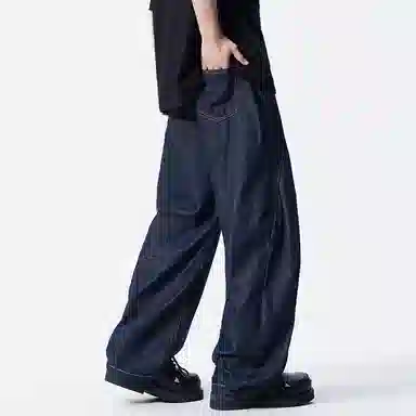 羽浅 宽松休闲百搭垂感高街直筒牛仔裤 男女同款 深蓝色