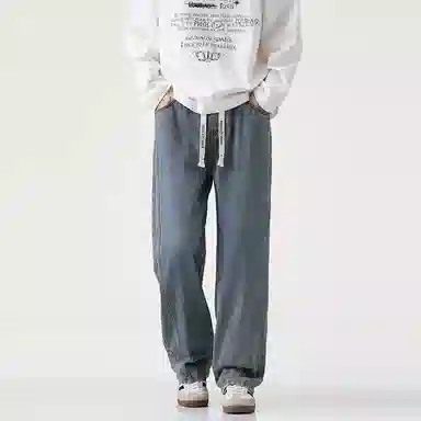 羽浅 秋冬季潮流复古休闲百搭阔腿长裤时尚拼接耐磨宽松直筒牛仔裤 男款