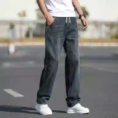 羽浅 夏季松紧腰头男薄款抽绳拉链休闲百搭弹力合体直筒商务牛仔裤 男女同款