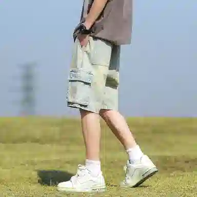 羽浅 美式百搭五分裤薄款宽松直筒松紧腰舒适透气多口袋工装牛仔短裤 男款