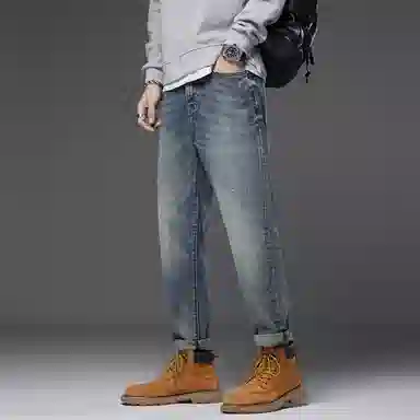 羽浅 潮牌复古百搭哈伦长裤秋冬季时尚怀旧水洗刺绣休闲耐磨裤子潮流宽松直筒牛仔裤 男款