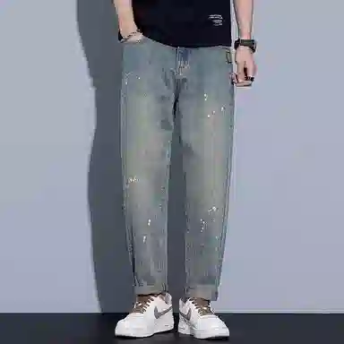 羽浅 美式复古泼墨设计感宽松潮牌水洗做旧柔软舒适休闲九分牛仔裤 男款