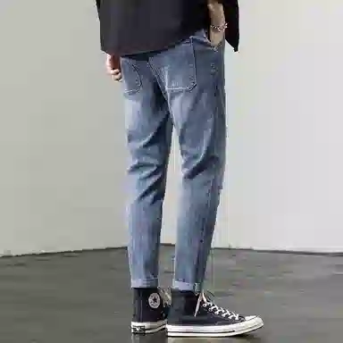 羽浅 韩版潮流破洞款时尚百搭修身弹力九分裤休闲牛仔裤 男款