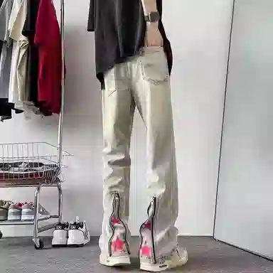 羽浅 美式高街宽松黄泥色印花直筒裤子牛仔裤 男女同款