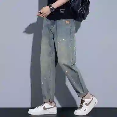羽浅 美式复古泼墨设计感宽松潮牌水洗做旧柔软舒适休闲九分牛仔裤 男款