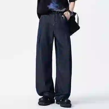 羽浅 宽松休闲百搭垂感高街直筒牛仔裤 男女同款 深蓝色