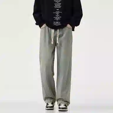 羽浅 秋冬季潮流复古休闲百搭阔腿长裤时尚拼接耐磨宽松直筒牛仔裤 男款