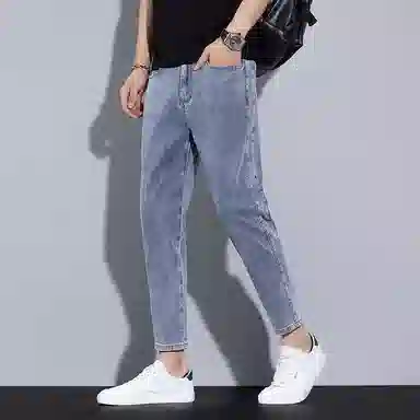 羽浅 潮牌棉弹舒适百搭小个子九分裤秋冬季时尚小标识拼接弹力耐磨裤子潮流修身小脚牛仔裤 男款