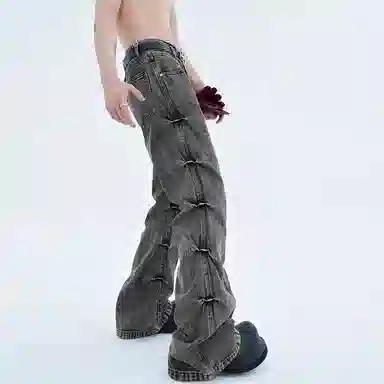 羽浅 美式复古褶皱设计感裤子喇叭百搭宽松时尚牛仔裤 男女同款 灰色