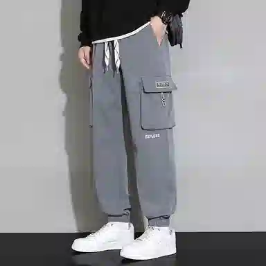 羽浅 港风机能风工装多口袋宽松舒适透气个性百搭帅气弹力束脚九分休闲裤 男款