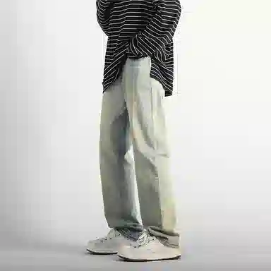 羽浅 水洗复古做旧弹力宽松直筒堆积感美式高街牛仔裤 男款