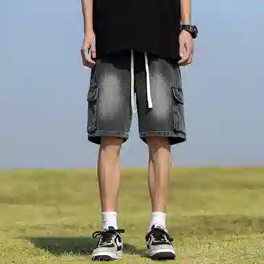 羽浅 美式百搭五分裤薄款宽松直筒松紧腰舒适透气多口袋工装牛仔短裤 男款