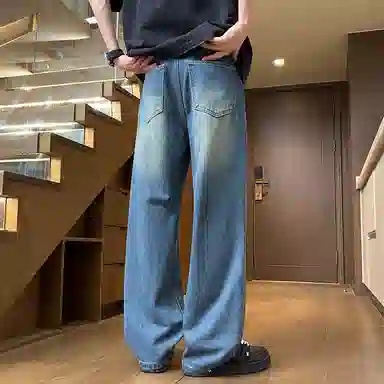 羽浅 春夏季直筒休闲青少年美式高街潮牌阔腿百搭宽松牛仔裤 男款