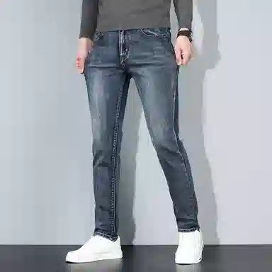 羽浅 秋冬厚款潮牌弹力百搭长裤时尚后袋绣标休闲裤子潮流修身直筒牛仔裤 男款