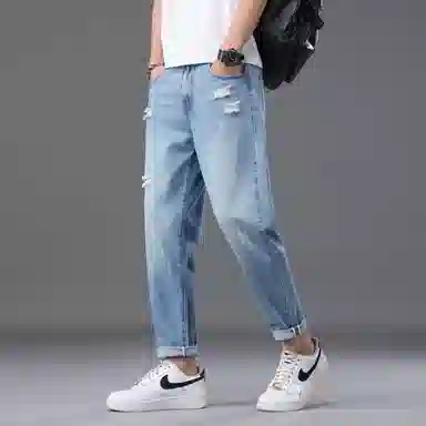 羽浅 时尚流行百搭阔腿直筒九分牛仔裤 男款