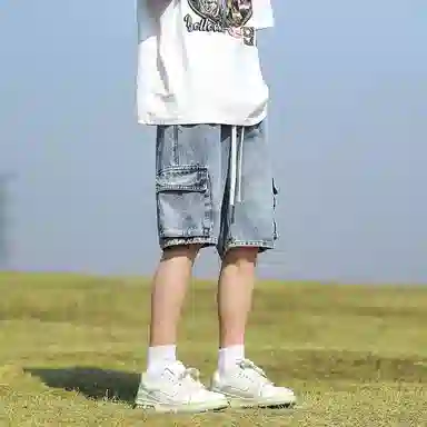 羽浅 美式百搭五分裤薄款宽松直筒松紧腰舒适透气多口袋工装牛仔短裤 男款