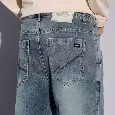 羽浅 秋冬季潮牌复古休闲阔腿显瘦长裤潮流刺绣时尚怀旧耐磨百搭宽松直筒牛仔裤 男款
