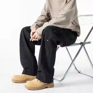 羽浅 潮流褶皱时尚百搭纯棉工装长裤美式宽松直筒休闲裤 男款
