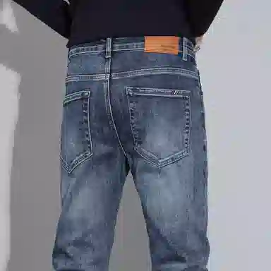 羽浅 秋冬季潮牌简约刺绣百搭棉弹舒适长裤时尚耐磨修身小直筒牛仔裤 男款