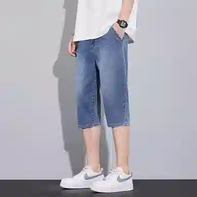 羽浅 薄款七分弹力中裤直筒简约百搭舒适帅气休闲运动牛仔短裤 男款