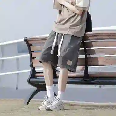 羽浅 工装五分裤水洗做旧直筒宽松抽绳复古牛仔短裤 男女同款