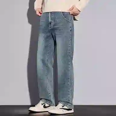 羽浅 秋冬季潮牌复古休闲阔腿显瘦长裤潮流刺绣时尚怀旧耐磨百搭宽松直筒牛仔裤 男款