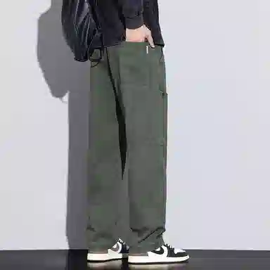 羽浅 纯棉休闲大口袋拼接简约纯色百搭透气美式宽松直筒痞帅工装裤 男款