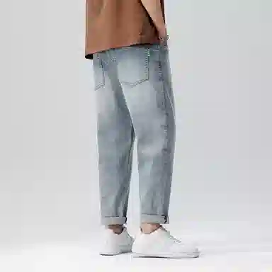 羽浅 秋冬季潮牌棉弹舒适百搭九分裤时尚后袋小标识弹力耐磨裤子潮流宽松小直筒牛仔裤 男款