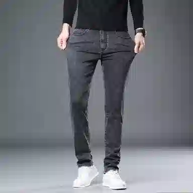 羽浅 秋冬厚款弹力百搭长裤潮流后袋袖标休闲裤子潮牌时尚修身显瘦小直筒牛仔裤 男款