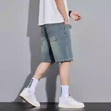 羽浅 水洗做旧直筒美式痞帅外穿中裤潮牌宽松休闲五分牛仔短裤 男女同款 怀旧蓝