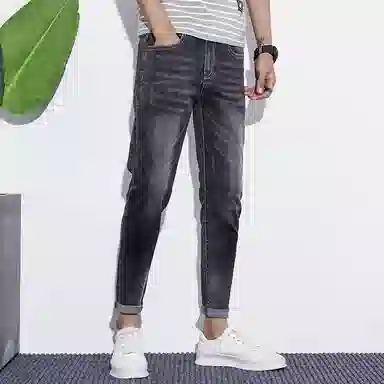 羽浅 黑灰色九分长裤显高舒适弹力修身小脚休闲潮流耐穿耐磨牛仔裤 男款