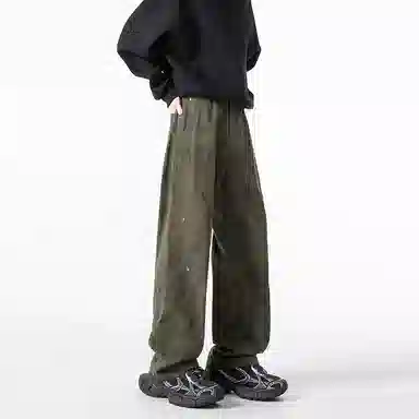羽浅 潮流褶皱时尚百搭纯棉工装长裤美式宽松直筒休闲裤 男款
