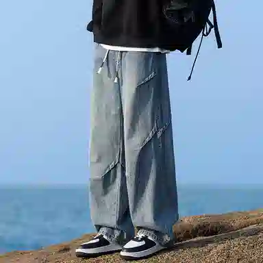 羽浅 美式直筒宽松柔软百搭抽绳牛仔裤 男女同款
