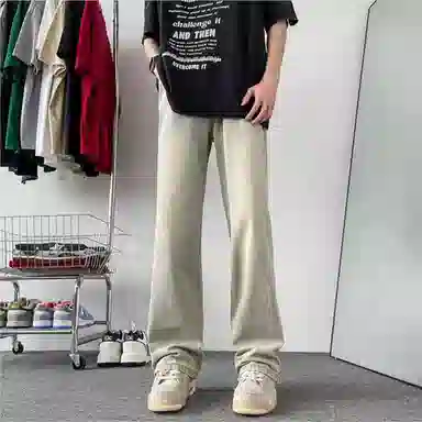 羽浅 美式高街宽松黄泥色印花直筒裤子牛仔裤 男女同款
