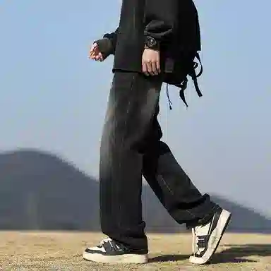 羽浅 美式复古高街水洗做旧直筒舒适百搭痞帅阔腿牛仔裤 男款