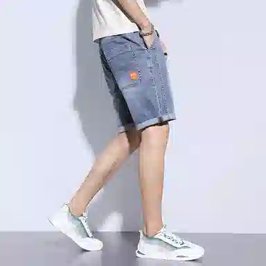 羽浅 纯色薄款宽松弹力柔软系带五分牛仔短裤 男款