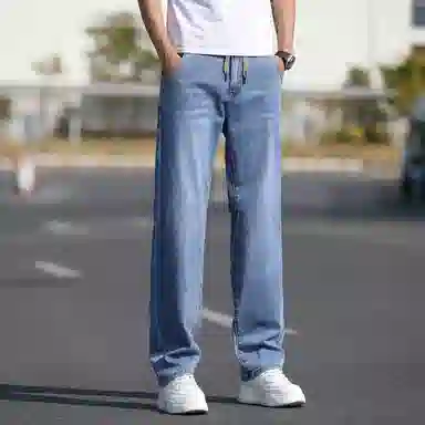 羽浅 夏季松紧腰头男薄款抽绳拉链休闲百搭弹力合体直筒商务牛仔裤 男女同款