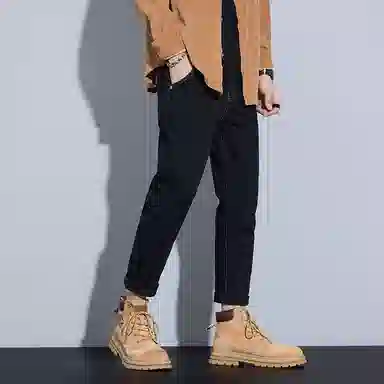 羽浅 潮牌弹力百搭九分裤秋冬款时尚后袋小皮标简约棉弹耐磨裤子潮流韩版修身牛仔裤 男款