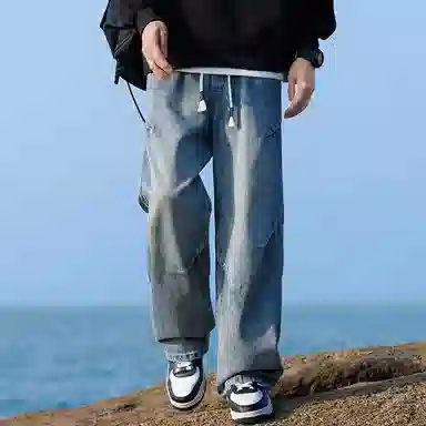 羽浅 美式直筒宽松柔软百搭抽绳牛仔裤 男女同款