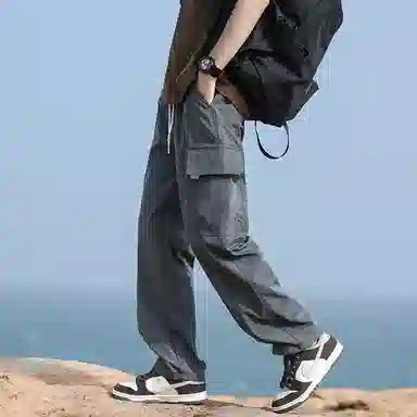 羽浅 韩版春夏抽绳松紧腰休闲拼接百搭宽松直筒工装裤 男女同款