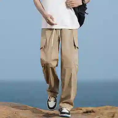 羽浅 韩版春夏抽绳松紧腰休闲拼接百搭宽松直筒工装裤 男女同款