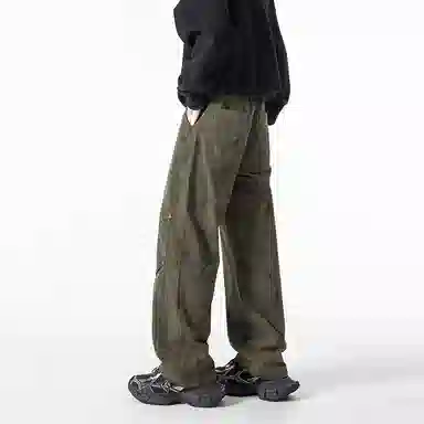 羽浅 潮流褶皱时尚百搭纯棉工装长裤美式宽松直筒休闲裤 男款